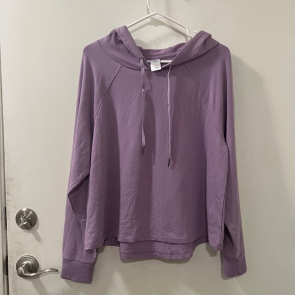 French Terry Womens Purple High Low Drawstring Hoodie Long Sleeve Sweater Sz L - Picture 3 of 8